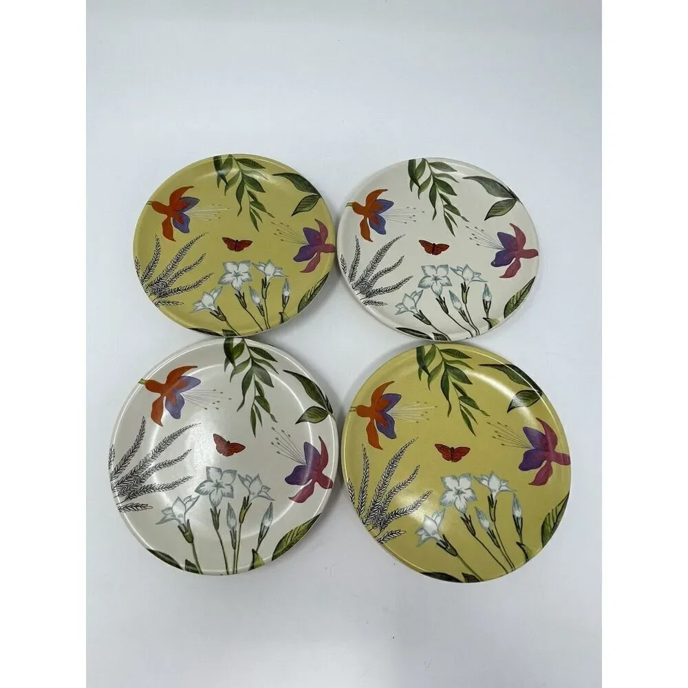Nicobar Appetizer Tea Plates 5” Botanical Floral Yellow White Stoneware Set Of 4
